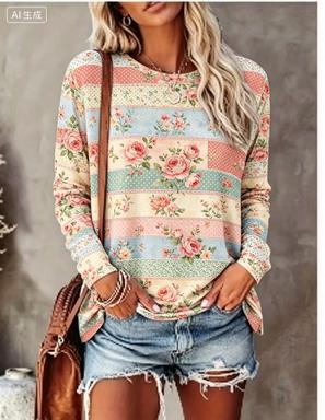 Printed Floral Shirt - Женская футболка с длинным рукавом, пастельная