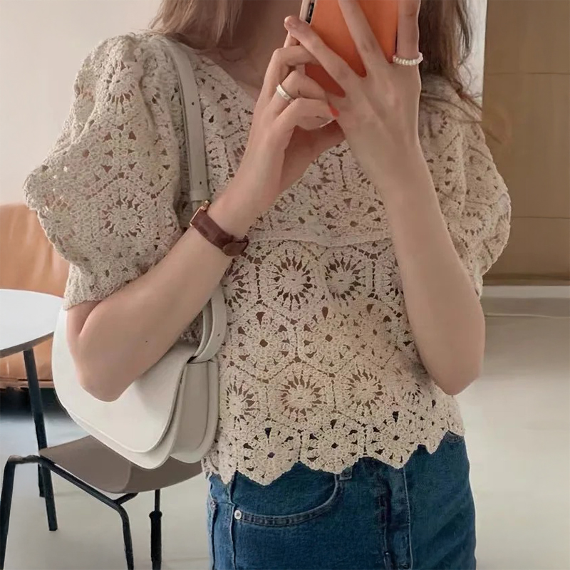 Crochet Top Boho - Вязаная кружевная блузка с пышными рукавами