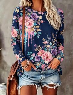 Printed Floral Shirt - Женская футболка с цветочным принтом, темно-синяя,