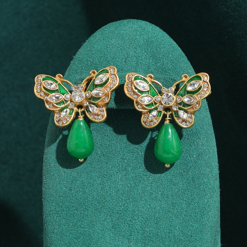 Vintage Fashion Jewelry Brands - Винтажные зеленые эмалевые серьги-бабочки с агатом