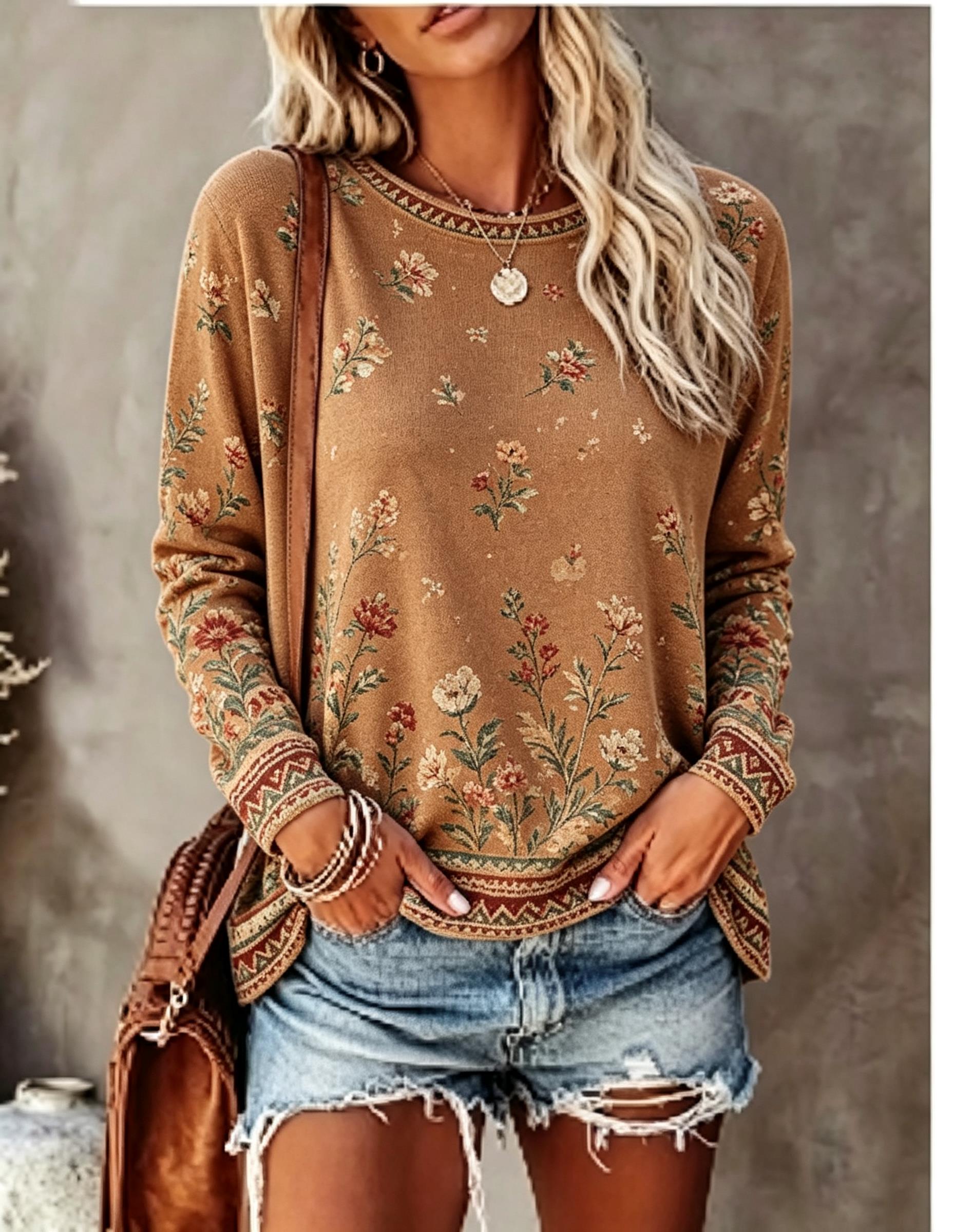 Printed Floral Shirt - Женская футболка с круглым вырезом и